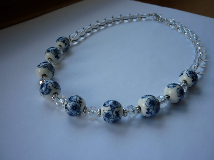 BLUE, WHITE, CRYSTAL AND SILVER - PORCELAIN BEADS NECKLACE.