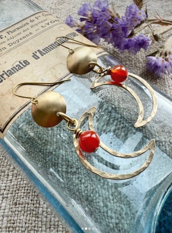 Golden brass earrings with Orange Agate Handmade in Cornwall