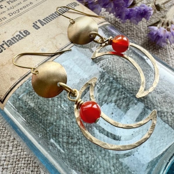 Golden brass earrings with Orange Agate Handmade in Cornwall