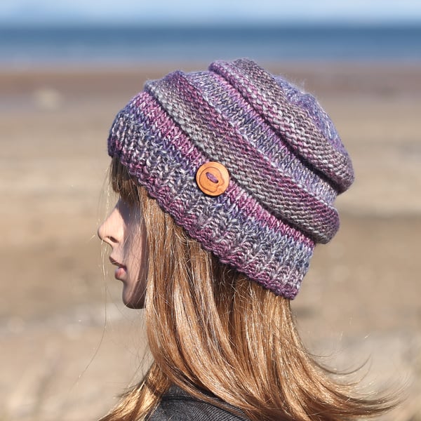 HAT knitted soft purple mix, winter hat, women's beanie cap, gift, UK