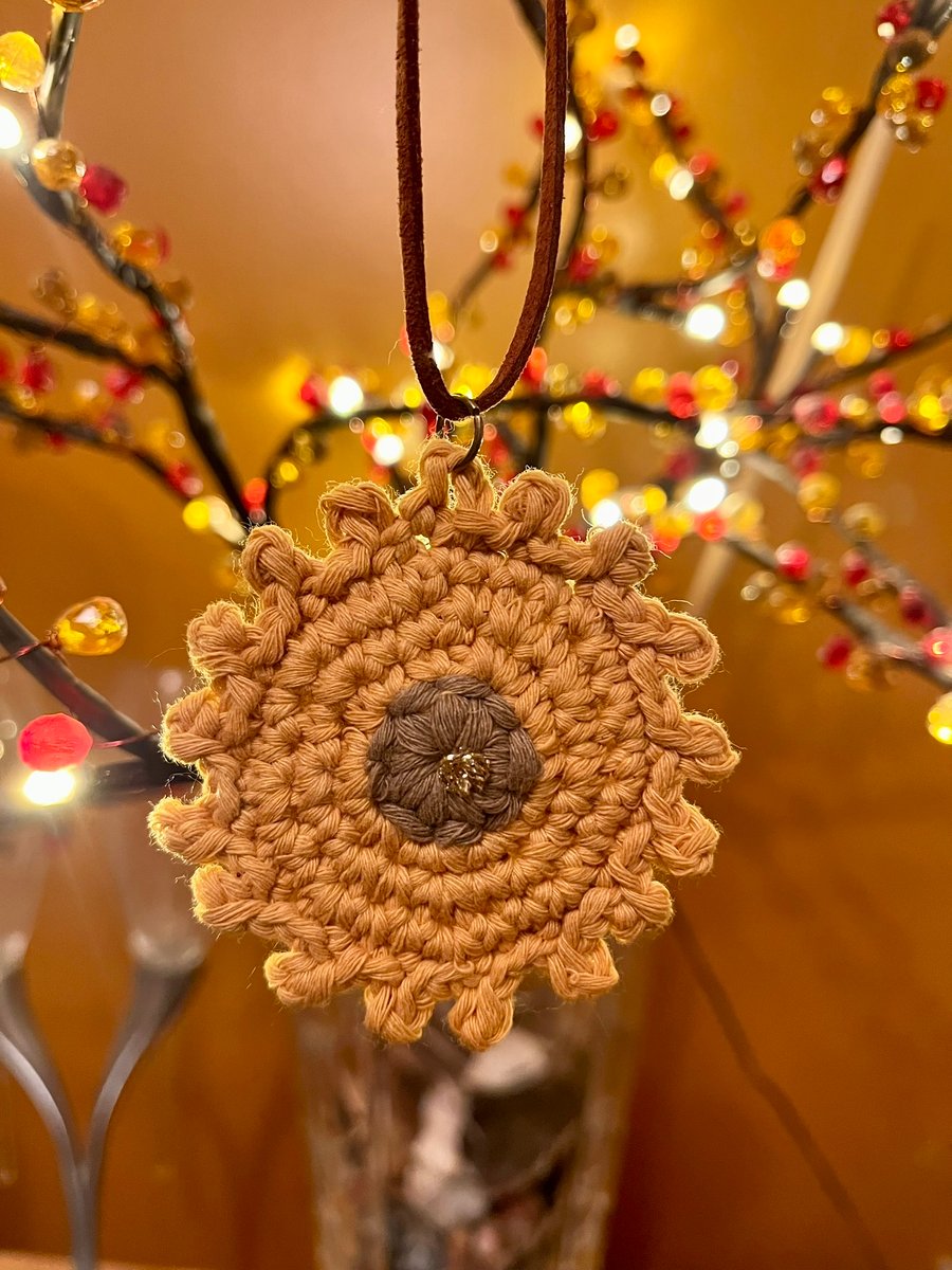 Boho Crochet Sunflower Pendant Necklace with adjustable Faux Leather Cord