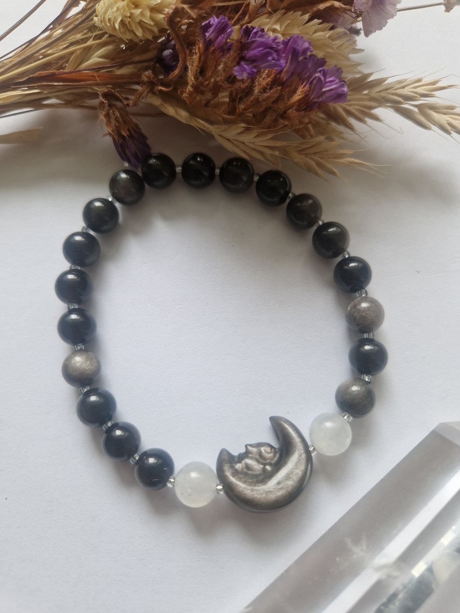 Silver Sheen Obsidian & Moonstone Moon Bunny Crystal Beaded Bracelet
