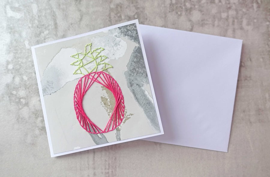 SALE Hand Stitched Pink Pineapple Card