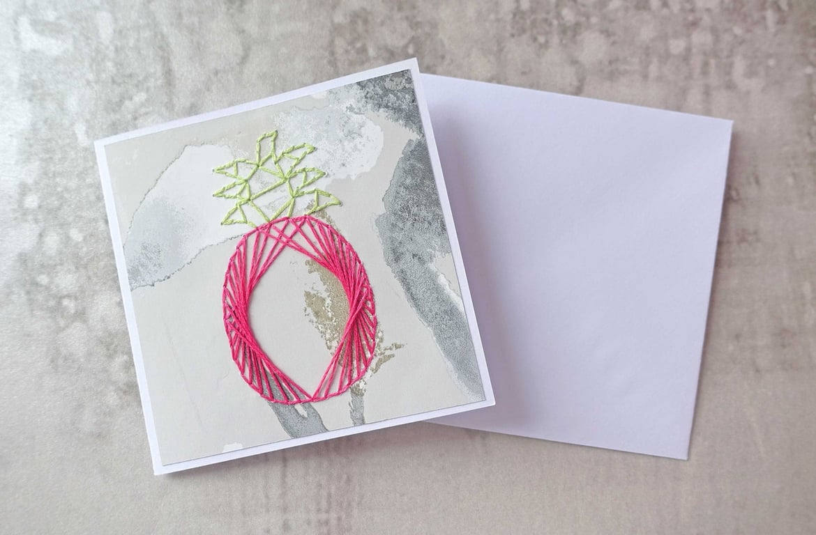 SALE Hand Stitched Pink Pineapple Card