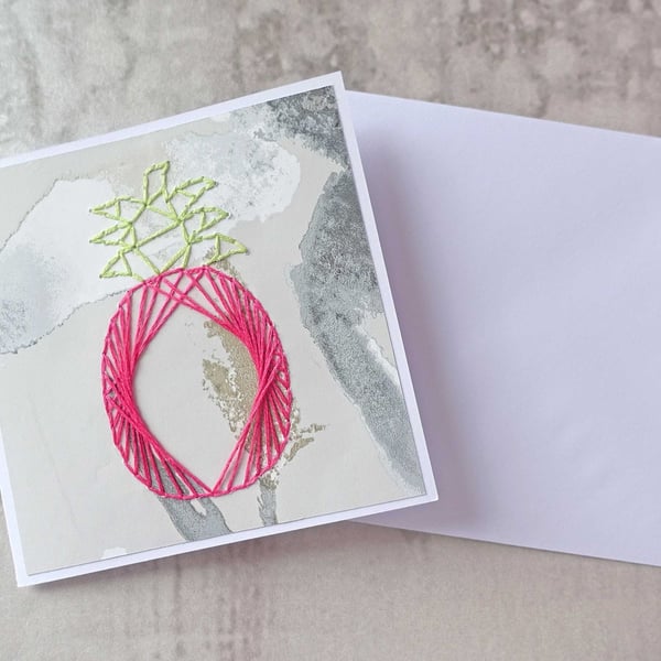 SALE Hand Stitched Pink Pineapple Card