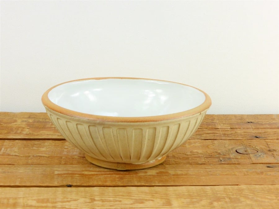 Bowl, Buttermilk & White Glazed Pottery, Fluted Design