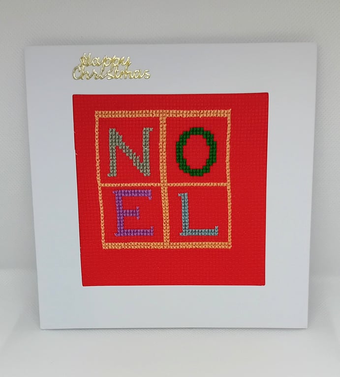 Handmade Cross Stitch NOEL Christmas Card – 6 x 6 Inch