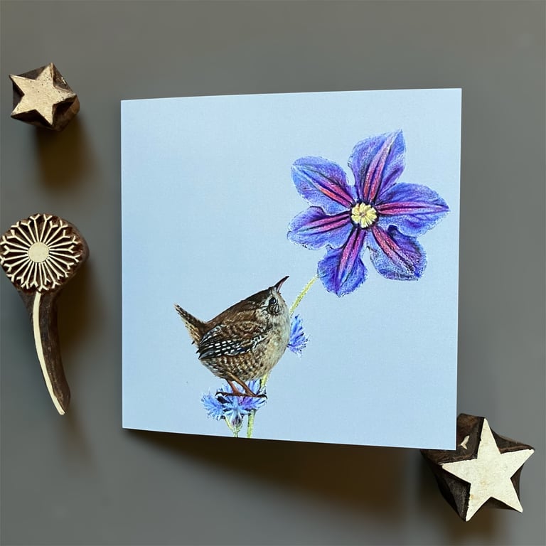The Clematis Wren Blank Greeting Card