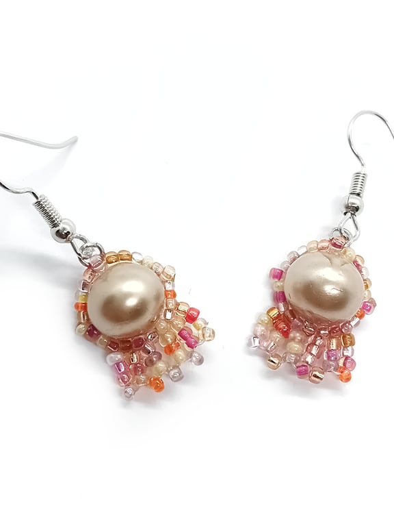 Orange, pink and peach tones beaded fringe faux pearl earrings
