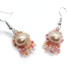 Orange, pink and peach tones beaded fringe faux pearl earrings