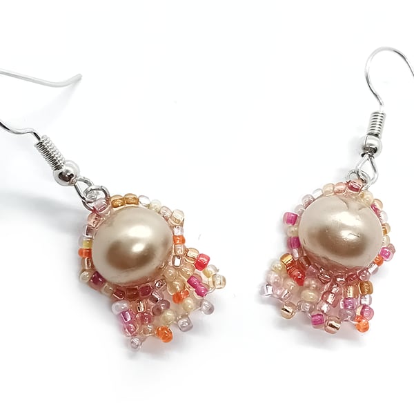 Orange, pink and peach tones beaded fringe faux pearl earrings