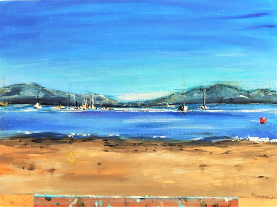Colourful Sea Painting, Lyme Regis Seascape with Boats and Beach