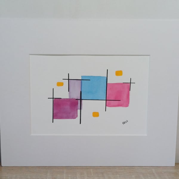 Colourful pen & watercolour abstract in white mount ready to frame