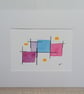 Colourful pen & watercolour abstract in white mount ready to frame