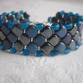 Blue and Black Dragon Scale Beadwork Bracelet