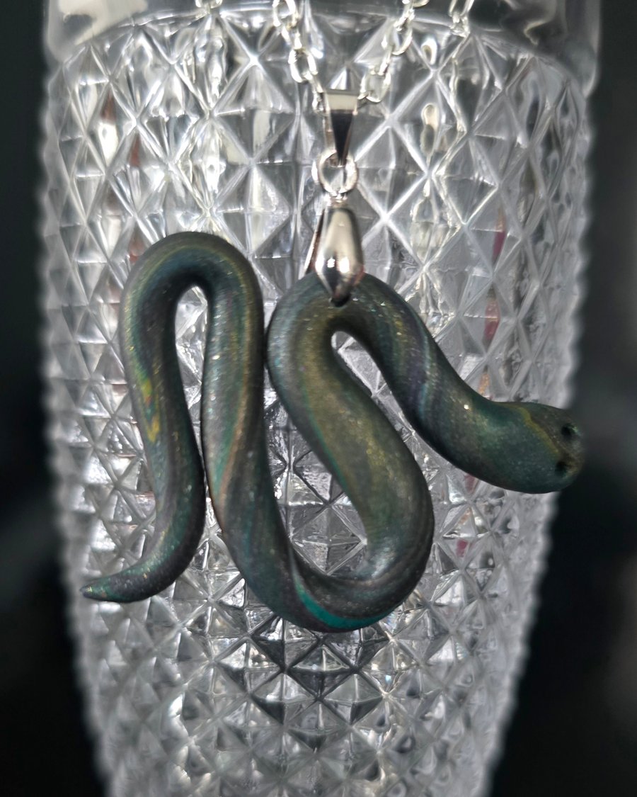 Polymer clay snake necklace on a silver plated chain