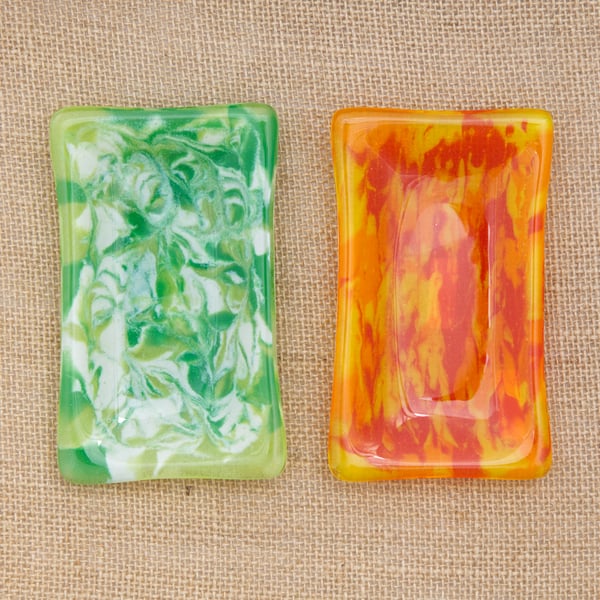 Red or Green Marbled Fused Glass Trinket, Key, or Soap Dish