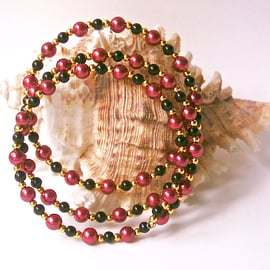 Memory Wire Bangle of Cranberry Glass Beads, Black Beads & Gold-tone Accents