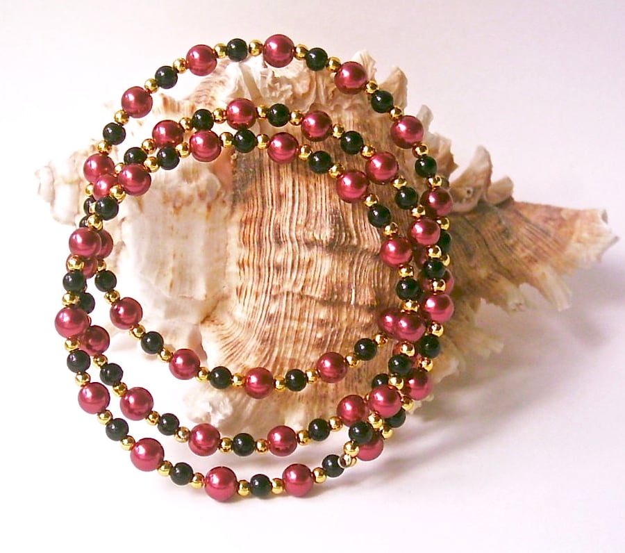 Memory Wire Bangle of Cranberry Glass Beads, Black Beads & Gold-tone Accents