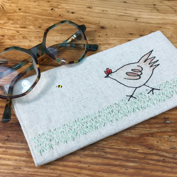 Glasses case - Chicken chasing bee embroidered linen fabric glasses case 