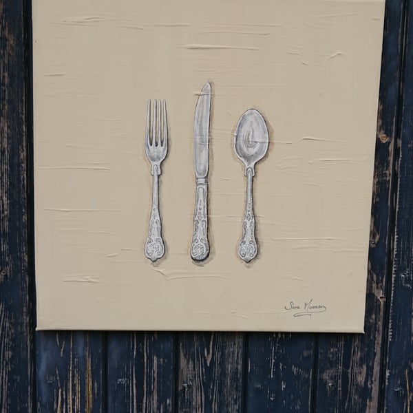 Cutlery original watercolour painting on cream canvas