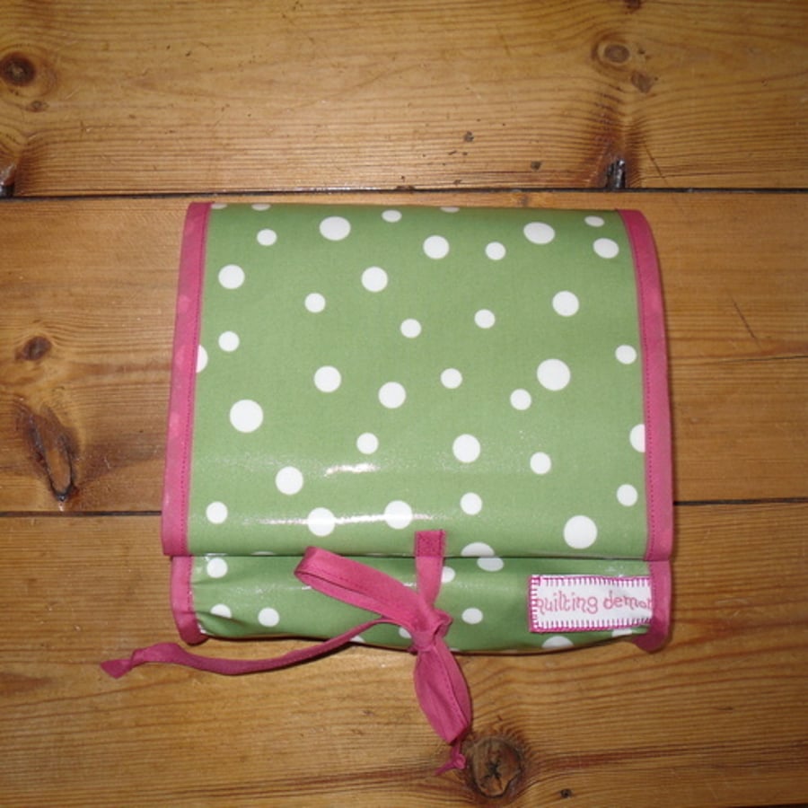 SALE ! Wash Bag In Olive Green Dot Fabric with Pink Trim