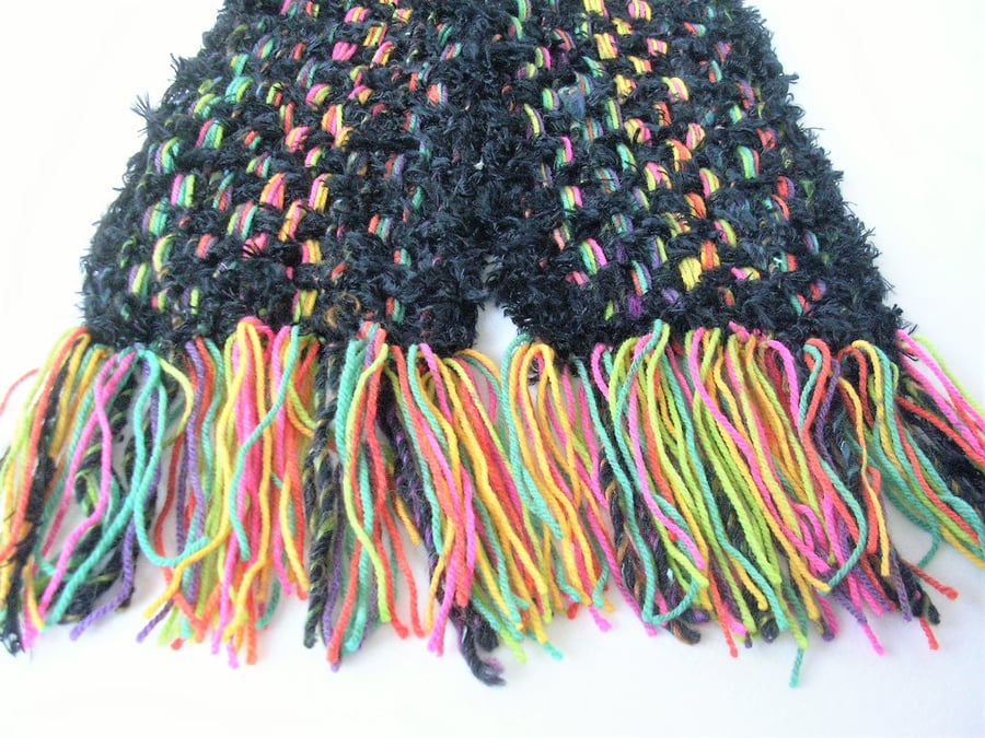Chunky textured handwoven Scarf, long scarf with fringes, black and multicolours