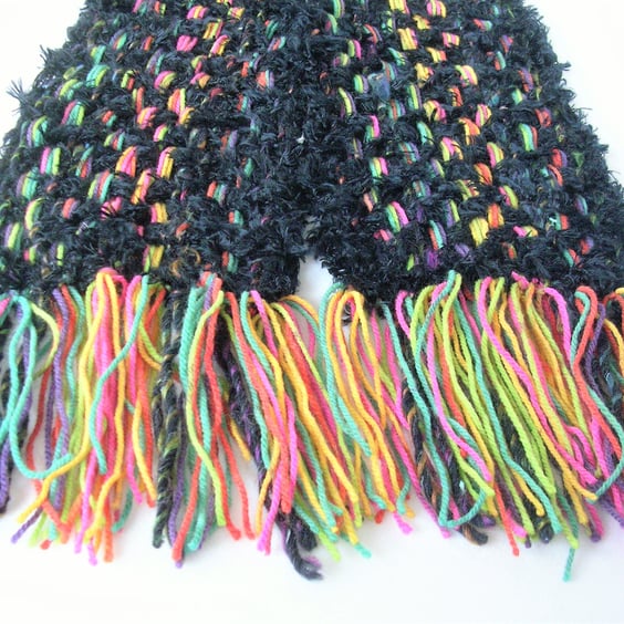 Chunky textured handwoven Scarf, long scarf with fringes, black and multicolours