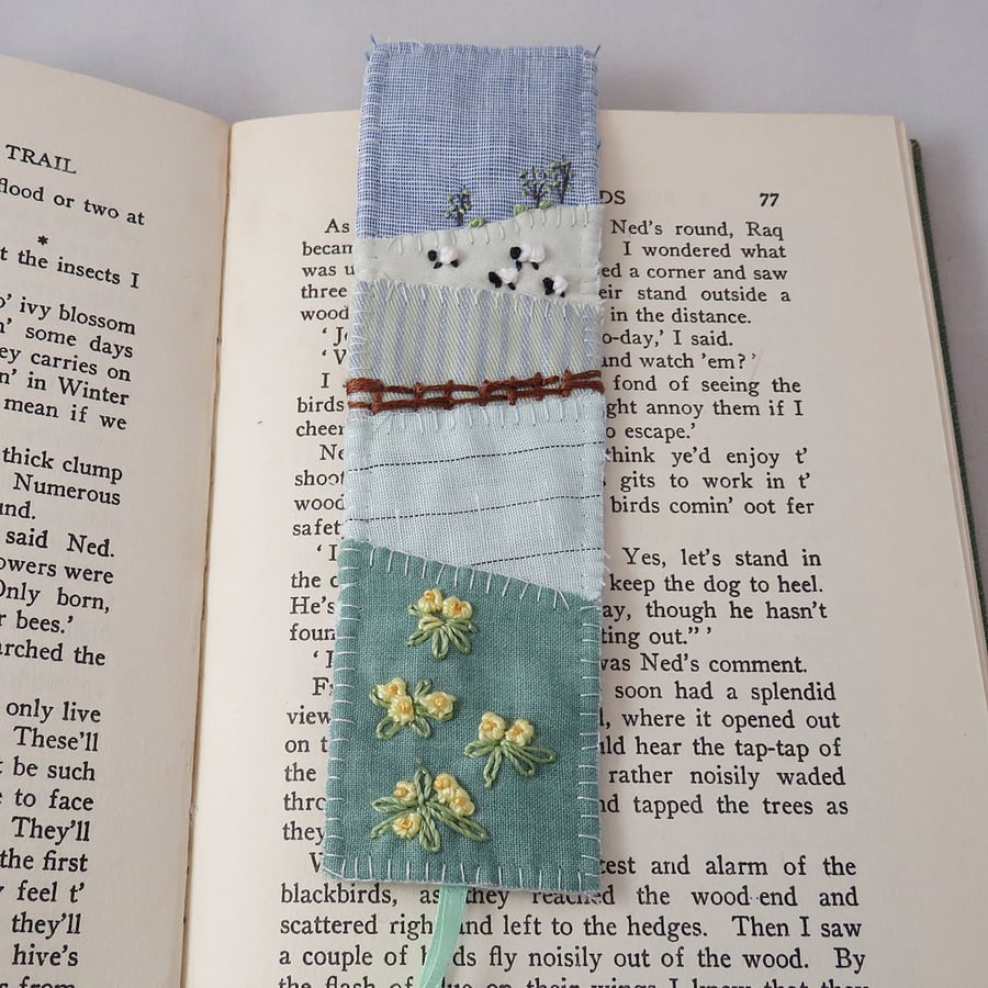  Spring Bookmark - primroses and sheep appliqued and embroidered