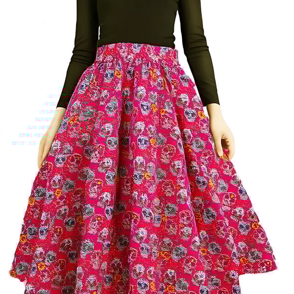 1950s Vintage Retro Rockabilly Circle Skirt Red Sugar Skulls print Sizes 10-26 