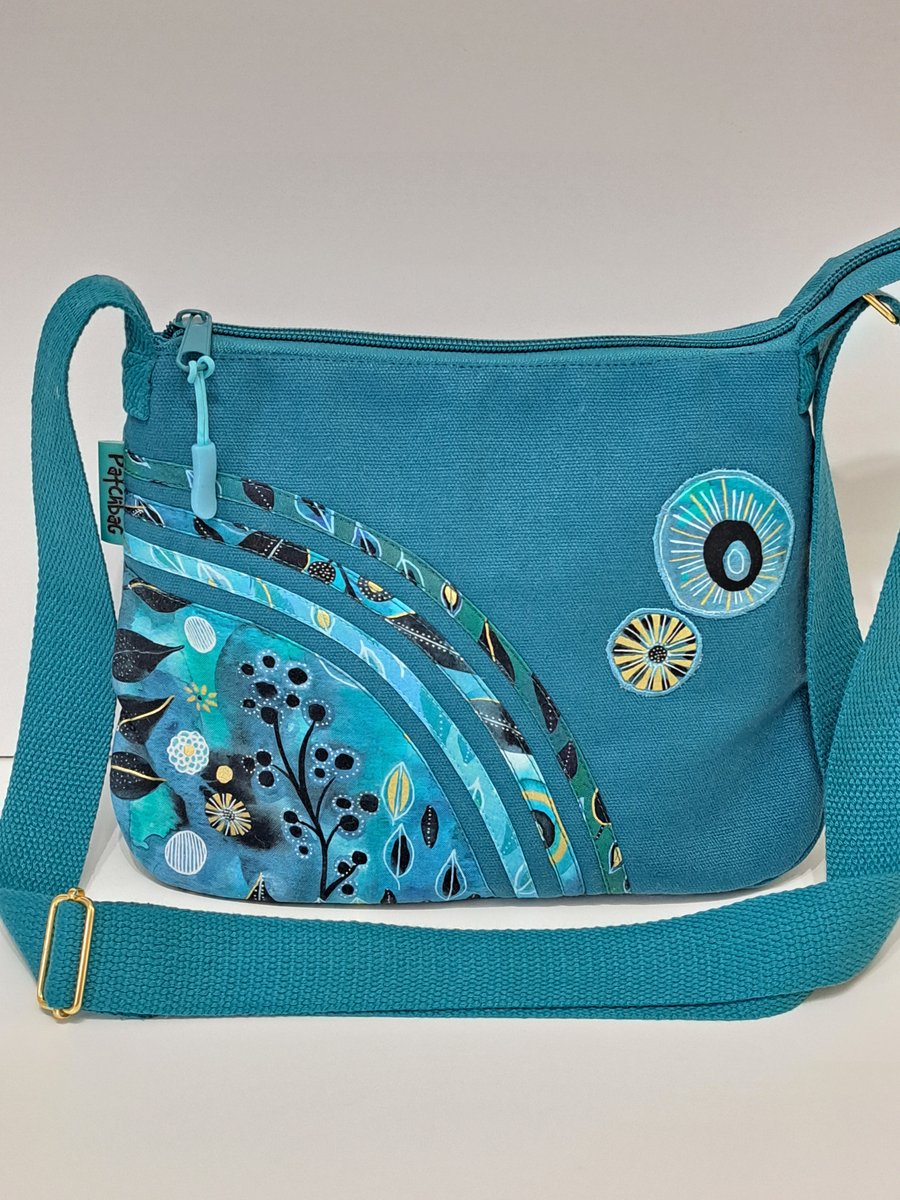 Small teal handbag, Aqua leaves and flowers 