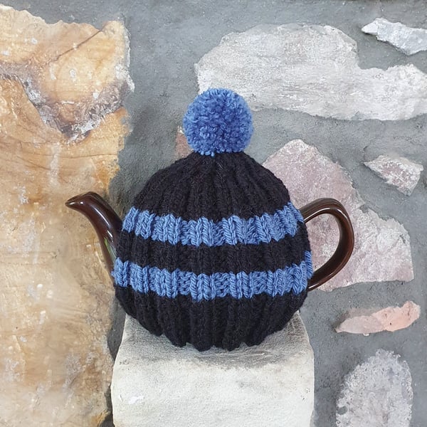 Small Tea Cosy for 2 Cup Tea Pot, Black & Blue, Hand Knitted, Wool Mix Yarn