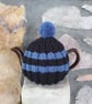 Small Tea Cosy for 2 Cup Tea Pot, Black & Blue, Hand Knitted, Wool Mix Yarn - Image 1