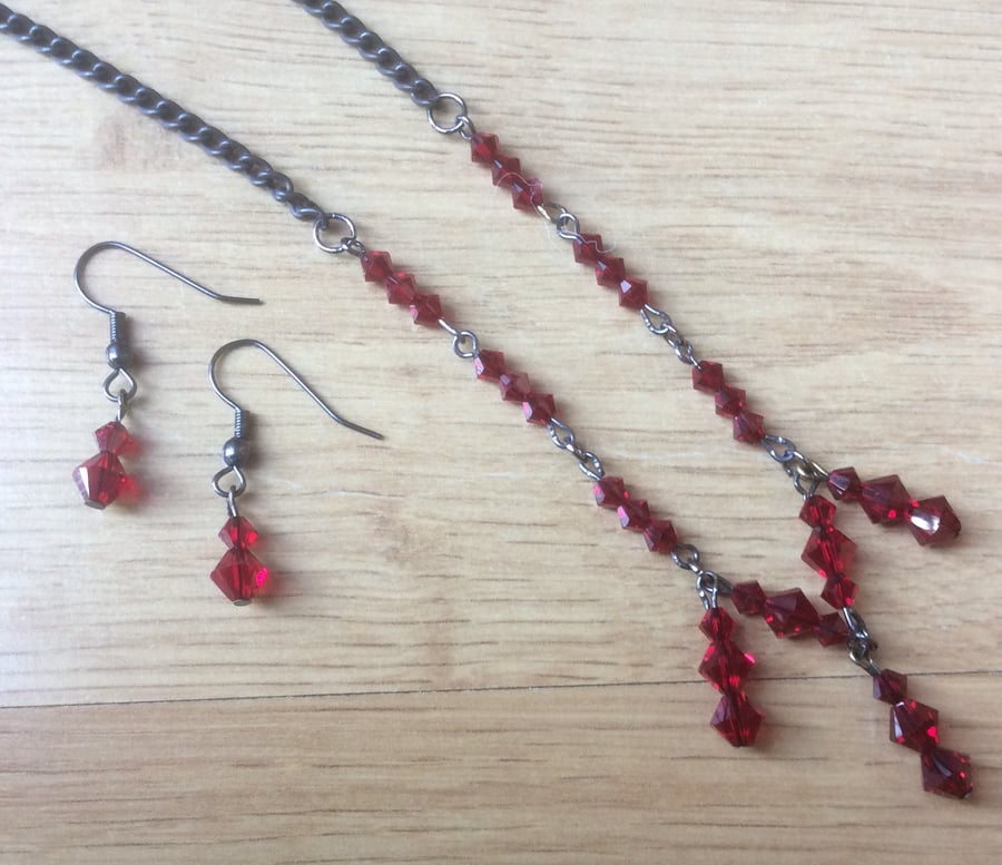 Red Swarovski Bead Necklace and Earring Set
