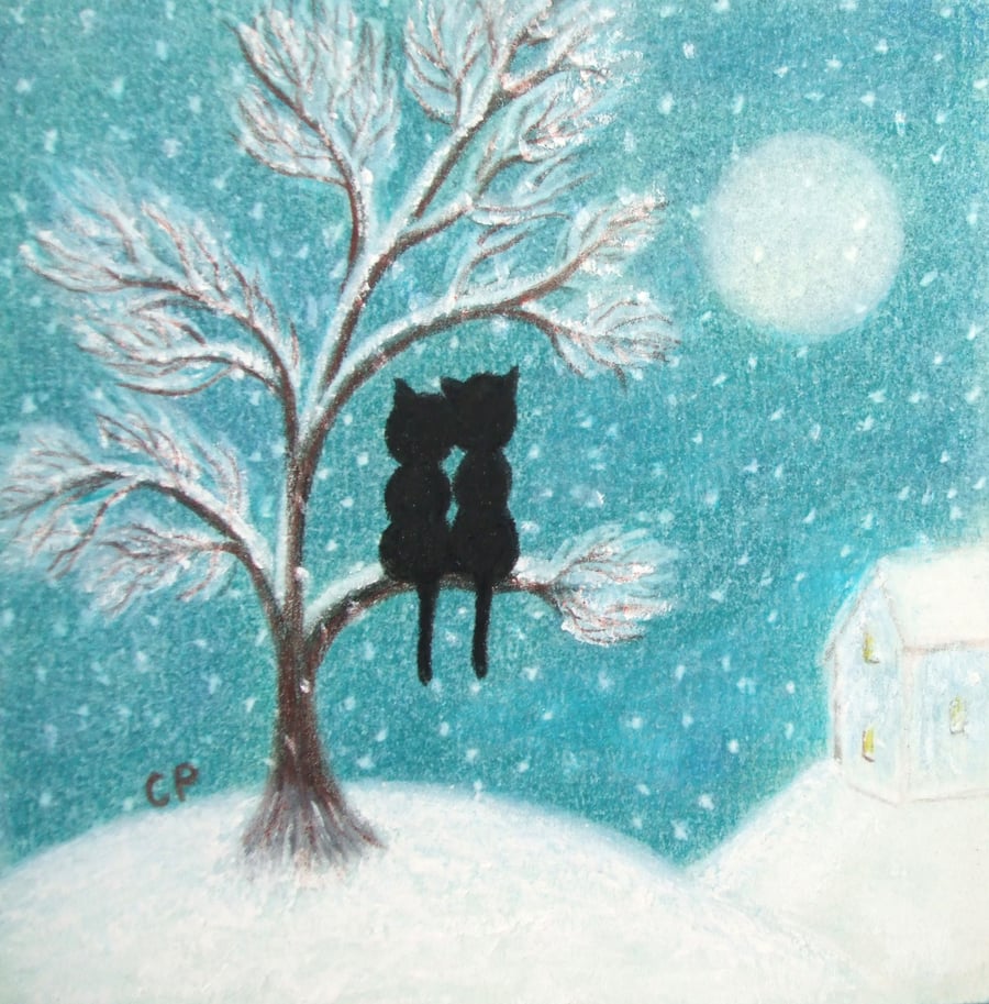 Christmas Card, Two Black Cats Snow Tree Card, Romantic Love Art, Gay Lesbian