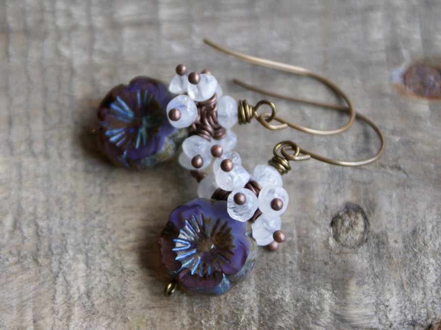 Lavender Czech Glass & Moonstone Cluster Earrings
