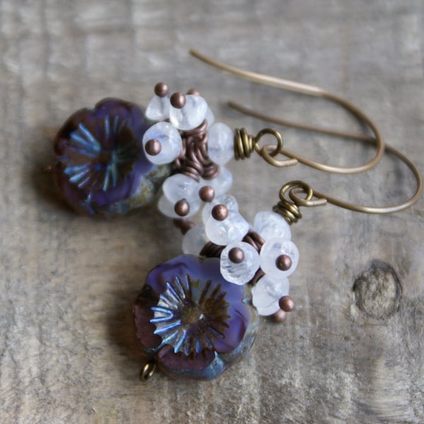 Lavender Czech Glass & Moonstone Cluster Earrings