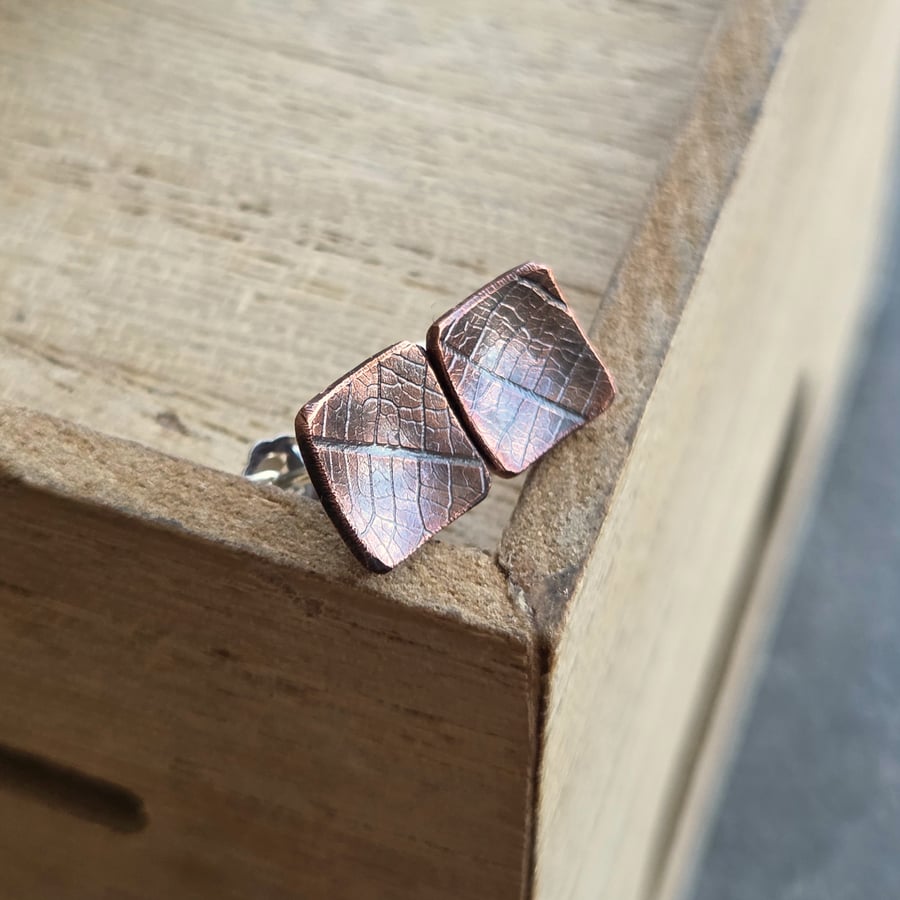 Square Copper Stud Earings with Leaf Vein Texture, 7th Anniversary Gift