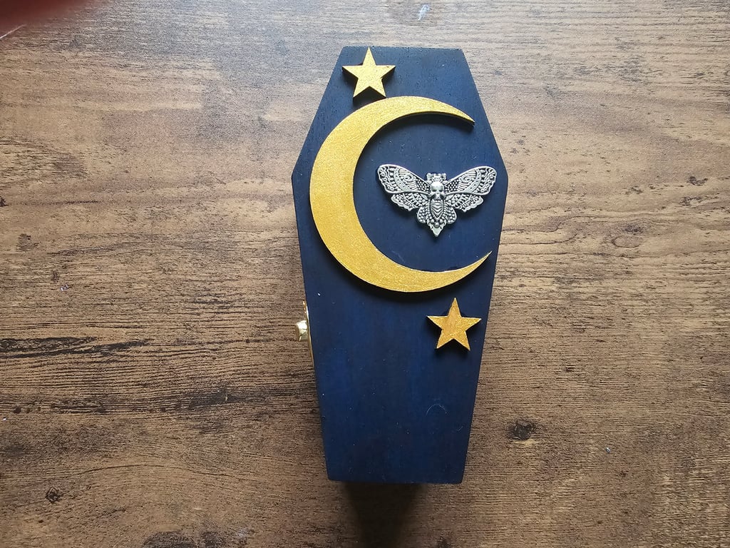 Celestial Death Head Moth Handmade Coffin Shaped Wooden Jewellery or Trinket Box