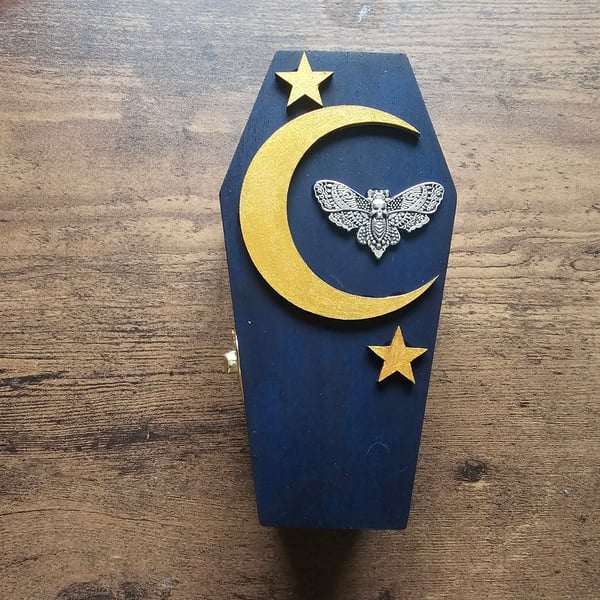 Celestial Death Head Moth Handmade Coffin Shaped Wooden Jewellery or Trinket Box