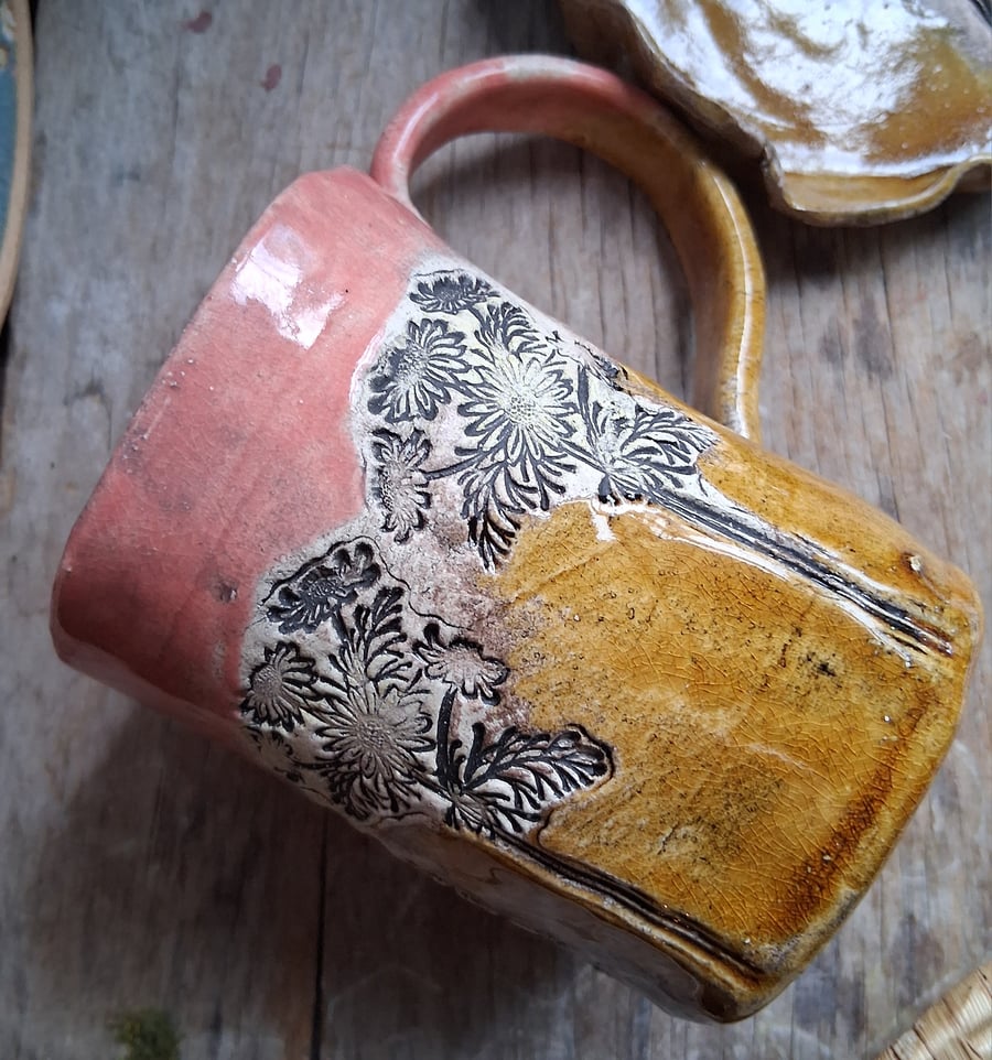 chamomile flower in pink and cognac  Ceramic handmade coffee mug 