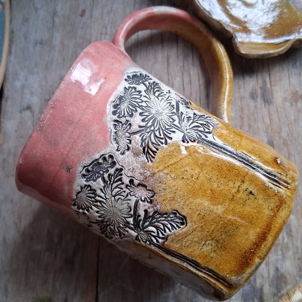 chamomile flower in pink and cognac  Ceramic handmade coffee mug 