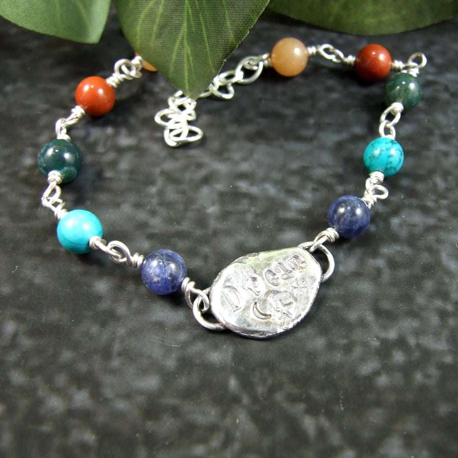 Gemstone Bracelet. Sterling Silver with Recycled Silver Nugget Dream Moon & Star