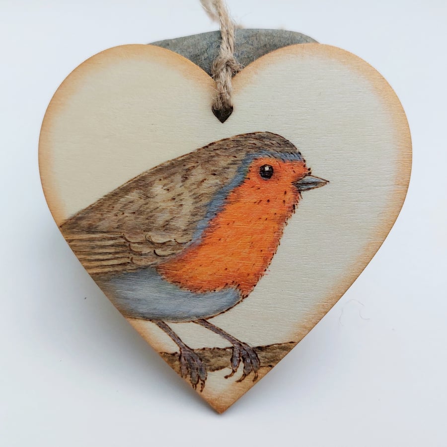 Robin handpainted and pyrography hanging heart