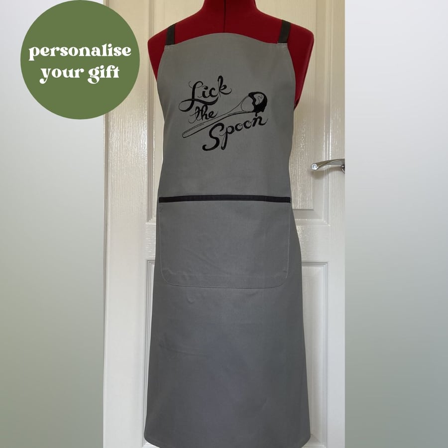 Chef Style Apron In Grey Embroidered with 'Lick the Spoon'