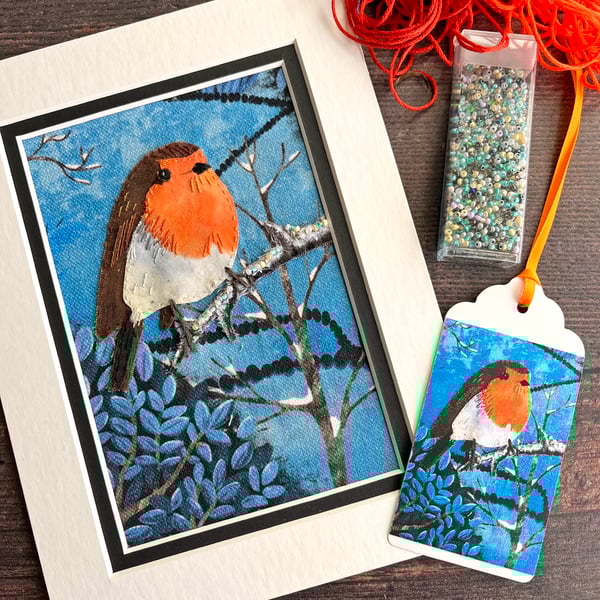 Robin fabric picture, textile art, bird gift. Perfectly Imperfect