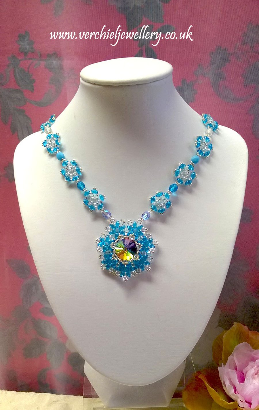 Frozen Ice Blue Beadwork Necklace 