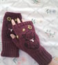 Dark Raspberry Pink Hand Knitted Gloves With Embroidered Cat (J182) - Image 2