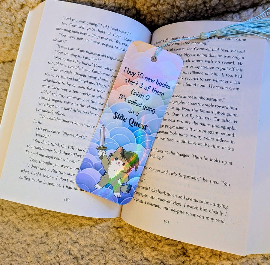 Holographic Cat Bookmark, Pastel Gamer Cat, Side Quest Reader Gift