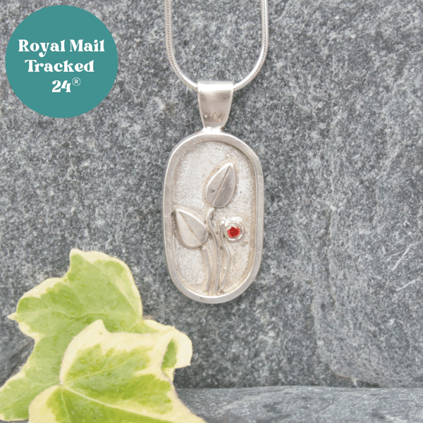 Silver shadow box pendant, botanical necklace